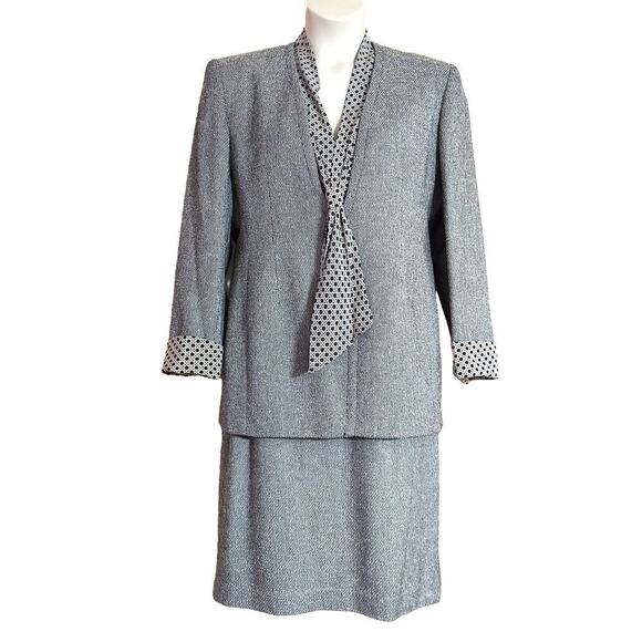 Christian Dior VTG 80's 2-Piece Black & White Wool Blend Business Skirt Suit - Picture 1 of 7